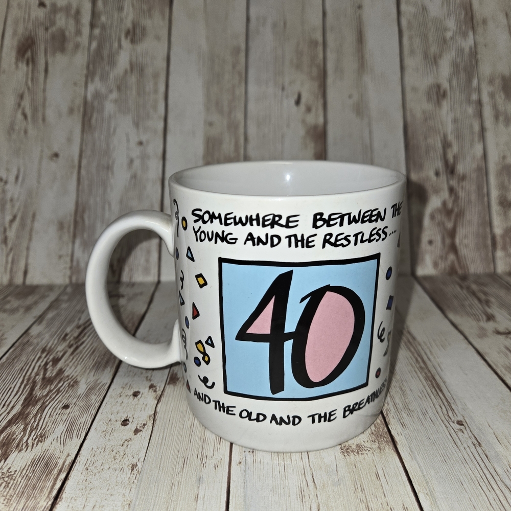 40th Birthday Mug “Somewhere Between Young & Breathless” Russ Kim Sager